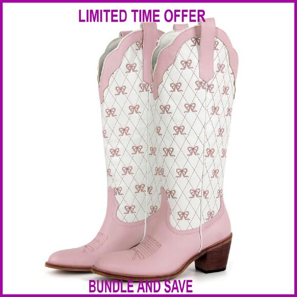 Shoes - Knee High Cowgirl Boots with Mini Bows 2-Inch Heel Western Fashion